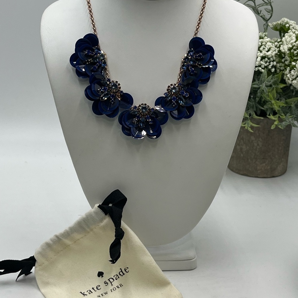Kate Spade New York Blue Snowy Nights Sequined Flower AB Statement Rose Necklace